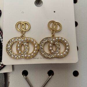 Gold Pearl & Crystal Double Hoop Drop Earrings
